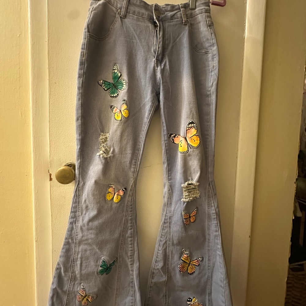 Amazon Women's Flare Jeans with Butterfly Design - Gray
